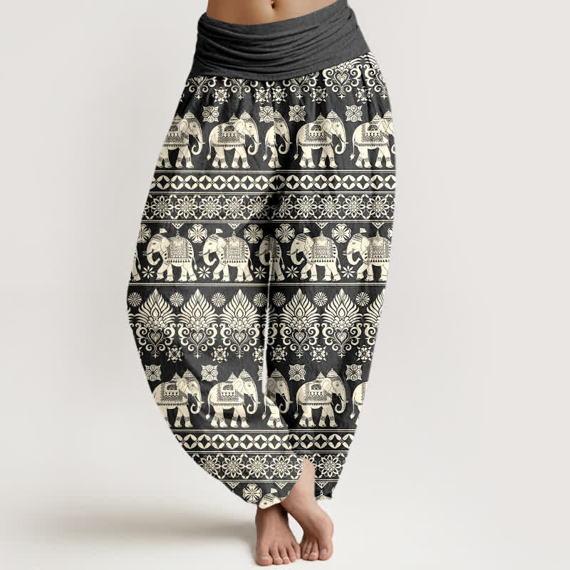 Nimara Ritual Cotton Elephant Tribal Stripe Pattern Women's Elastic Waist Harem Pants