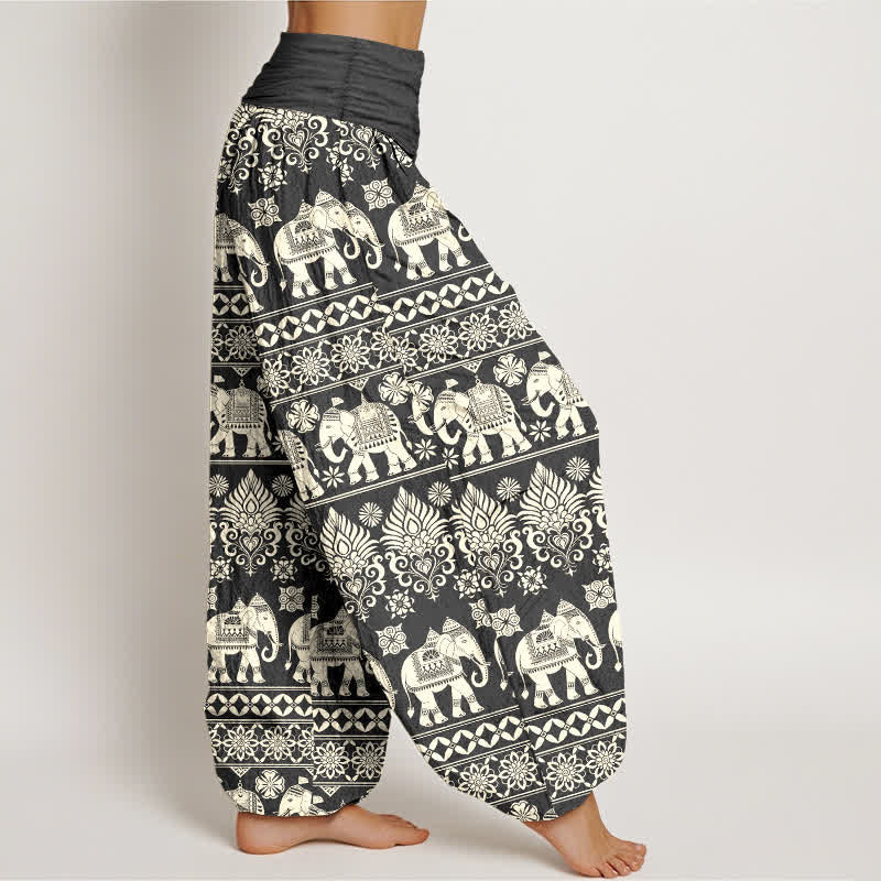 Nimara Ritual Cotton Elephant Tribal Stripe Pattern Women's Elastic Waist Harem Pants