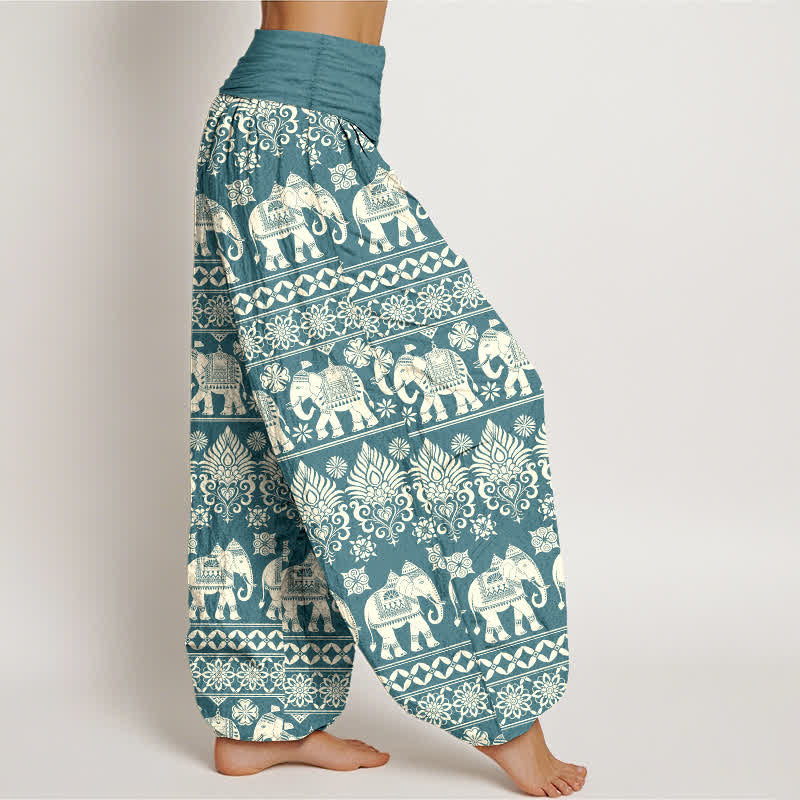 Nimara Ritual Cotton Elephant Tribal Stripe Pattern Women's Elastic Waist Harem Pants