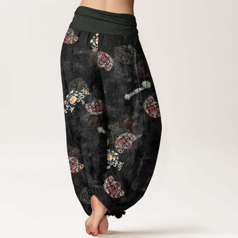 Nimara Ritual Cotton Bohemian Floral Fan Pattern Women's Elastic Waist Harem Pants
