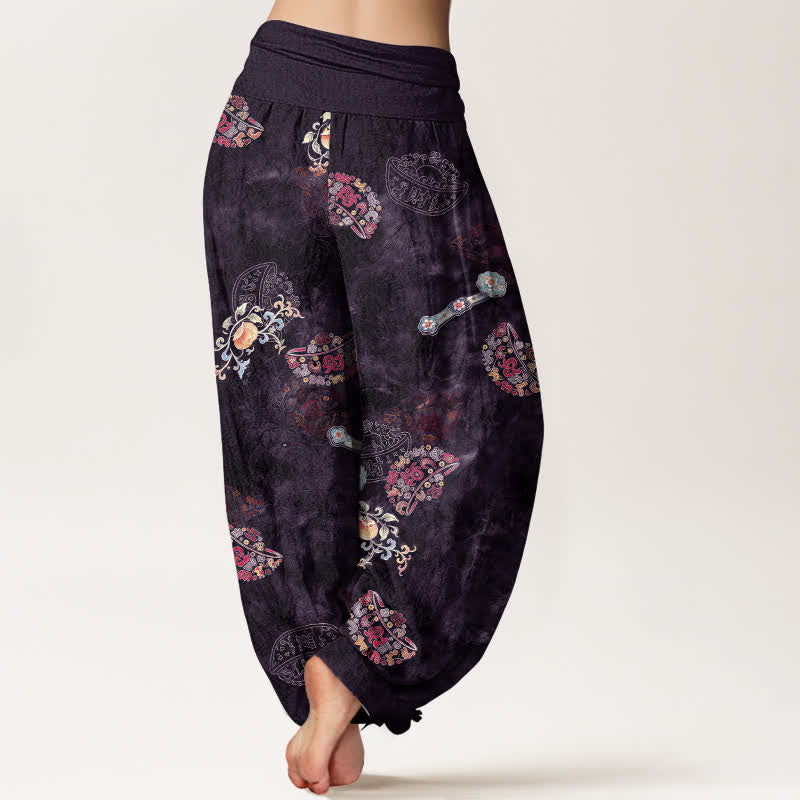Nimara Ritual Cotton Bohemian Floral Fan Pattern Women's Elastic Waist Harem Pants