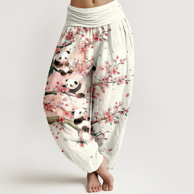 Nimara Ritual Cotton Panda Sakura Blossom Pattern Women's Elastic Waist Harem Pants