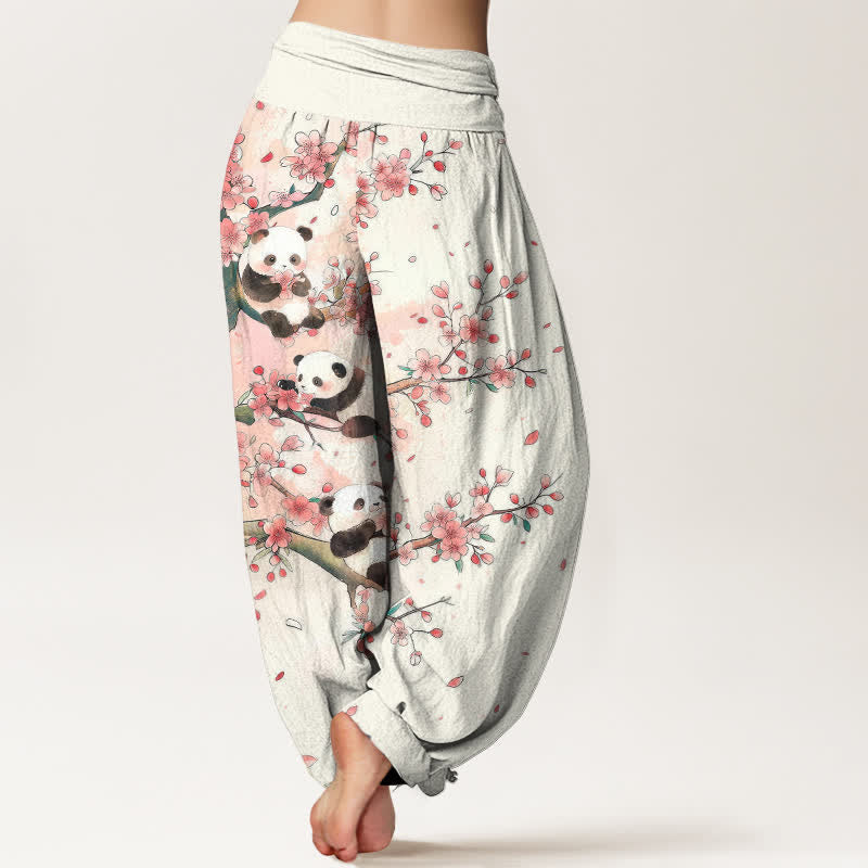 Nimara Ritual Cotton Panda Sakura Blossom Pattern Women's Elastic Waist Harem Pants