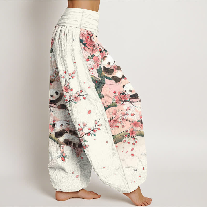 Nimara Ritual Cotton Panda Sakura Blossom Pattern Women's Elastic Waist Harem Pants