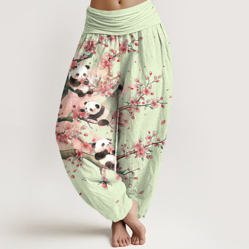 Nimara Ritual Cotton Panda Sakura Blossom Pattern Women's Elastic Waist Harem Pants