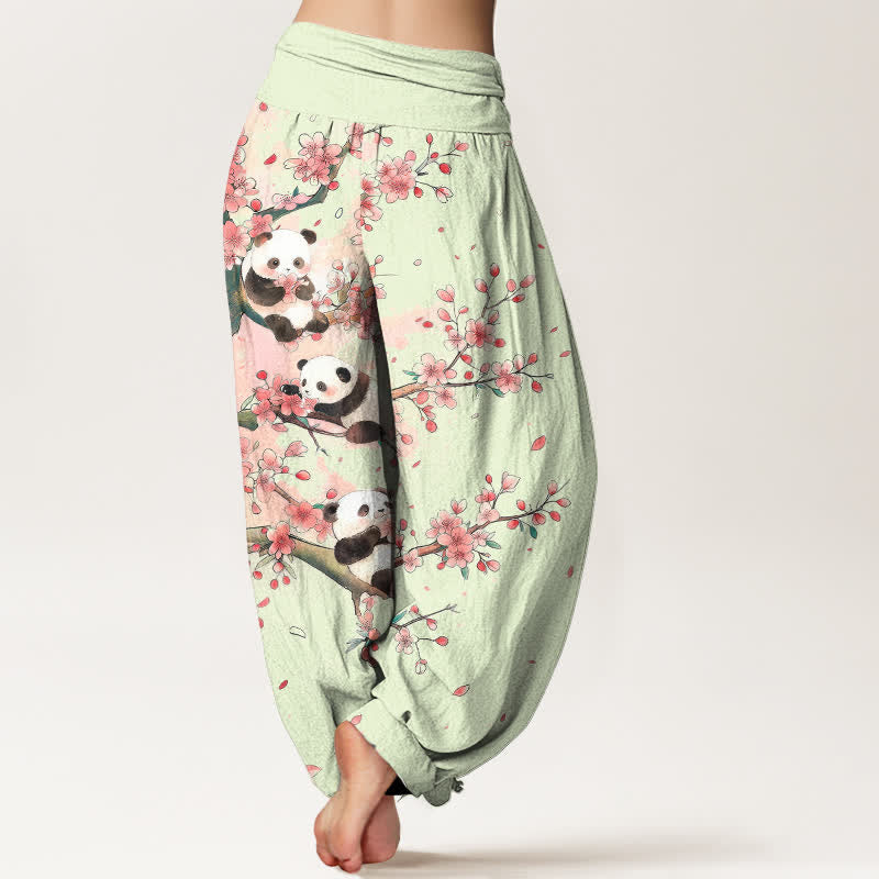 Nimara Ritual Cotton Panda Sakura Blossom Pattern Women's Elastic Waist Harem Pants