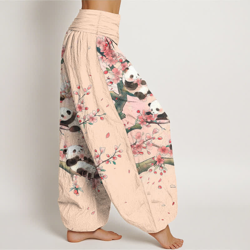 Nimara Ritual Cotton Panda Sakura Blossom Pattern Women's Elastic Waist Harem Pants