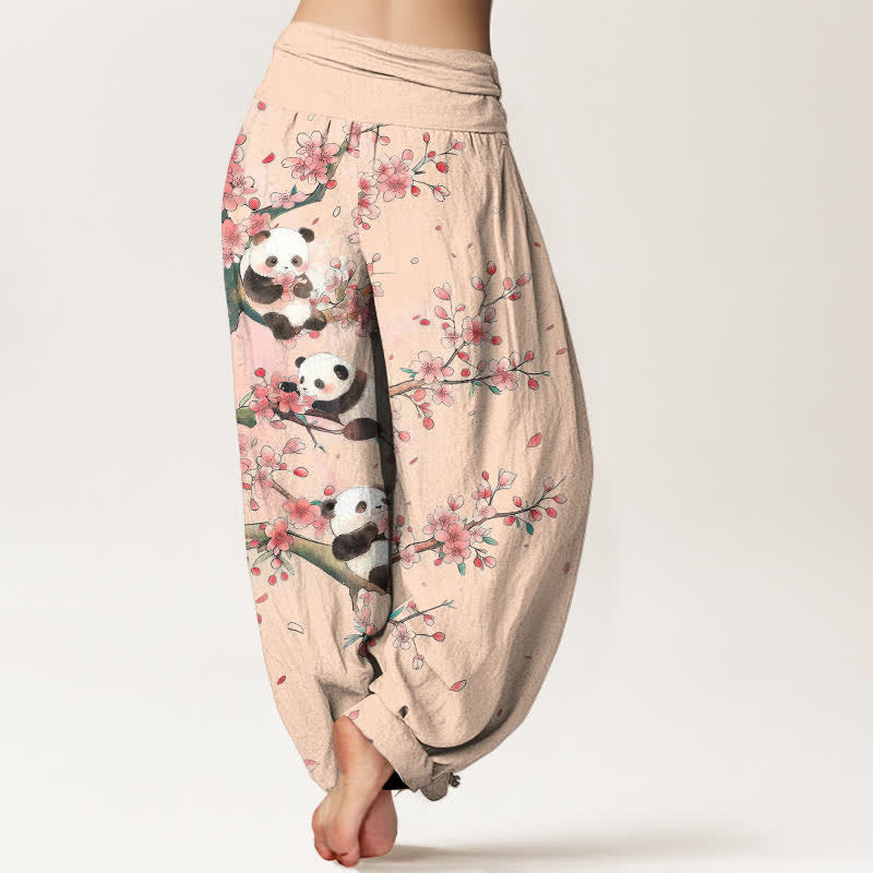 Nimara Ritual Cotton Panda Sakura Blossom Pattern Women's Elastic Waist Harem Pants