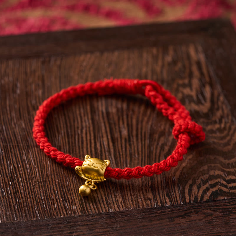 Nimara Ritual Tibetan Red String Copper Lucky Cat Drop Ball Pendant Hand-Woven Protection Bracelet