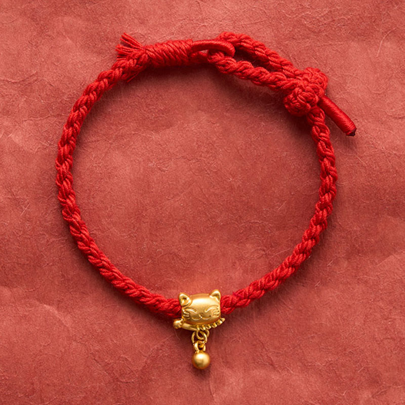 Nimara Ritual Tibetan Red String Copper Lucky Cat Drop Ball Pendant Hand-Woven Protection Bracelet