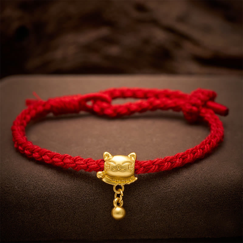 Nimara Ritual Tibetan Red String Copper Lucky Cat Drop Ball Pendant Hand-Woven Protection Bracelet