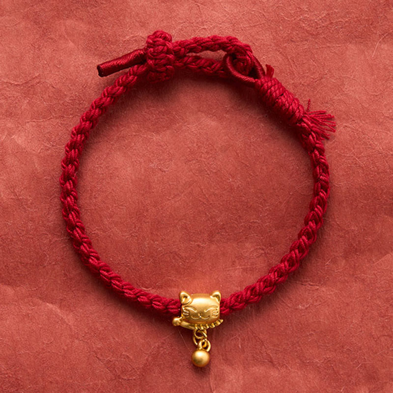 Nimara Ritual Tibetan Red String Copper Lucky Cat Drop Ball Pendant Hand-Woven Protection Bracelet