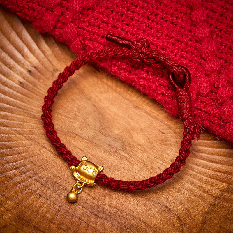 Nimara Ritual Tibetan Red String Copper Lucky Cat Drop Ball Pendant Hand-Woven Protection Bracelet