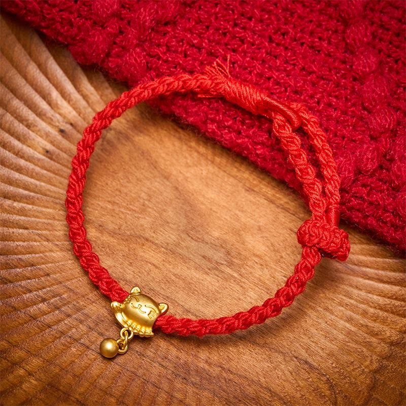 Nimara Ritual Tibetan Red String Copper Lucky Cat Drop Ball Pendant Hand-Woven Protection Bracelet