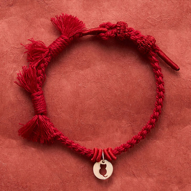 Nimara Ritual 925 Sterling Silver Red String Protection Cat Round Hollow Design Charm Bracelet