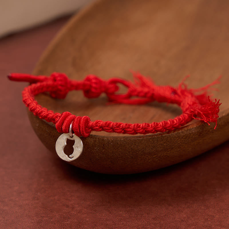Nimara Ritual 925 Sterling Silver Red String Protection Cat Round Hollow Design Charm Bracelet