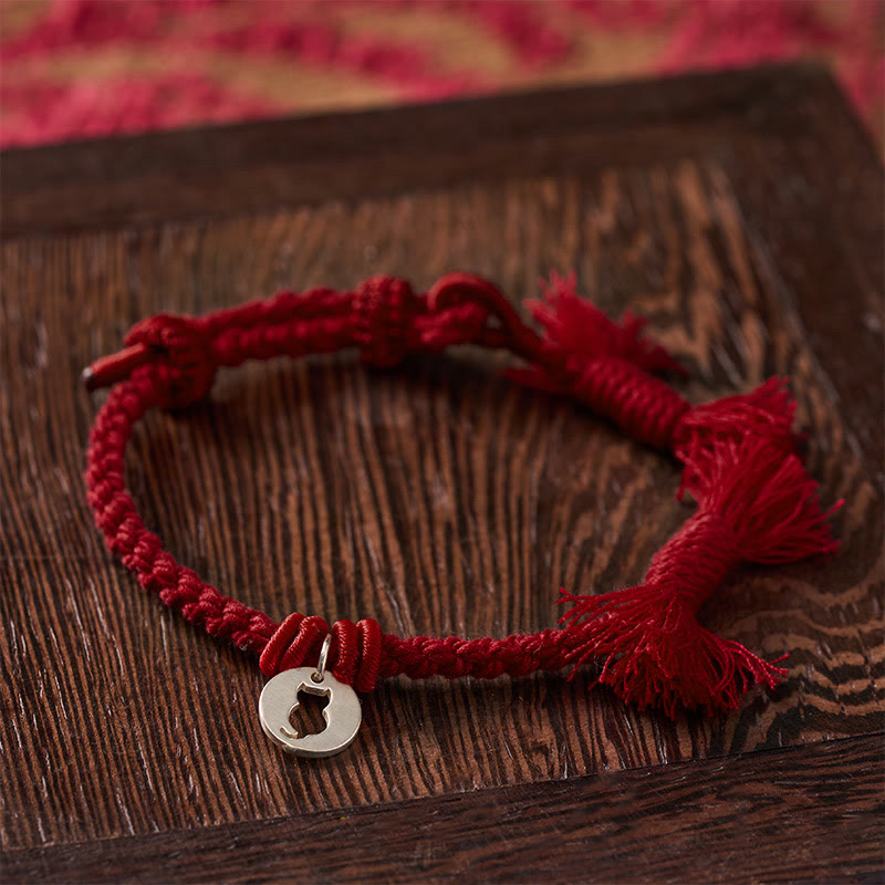 Nimara Ritual 925 Sterling Silver Red String Protection Cat Round Hollow Design Charm Bracelet