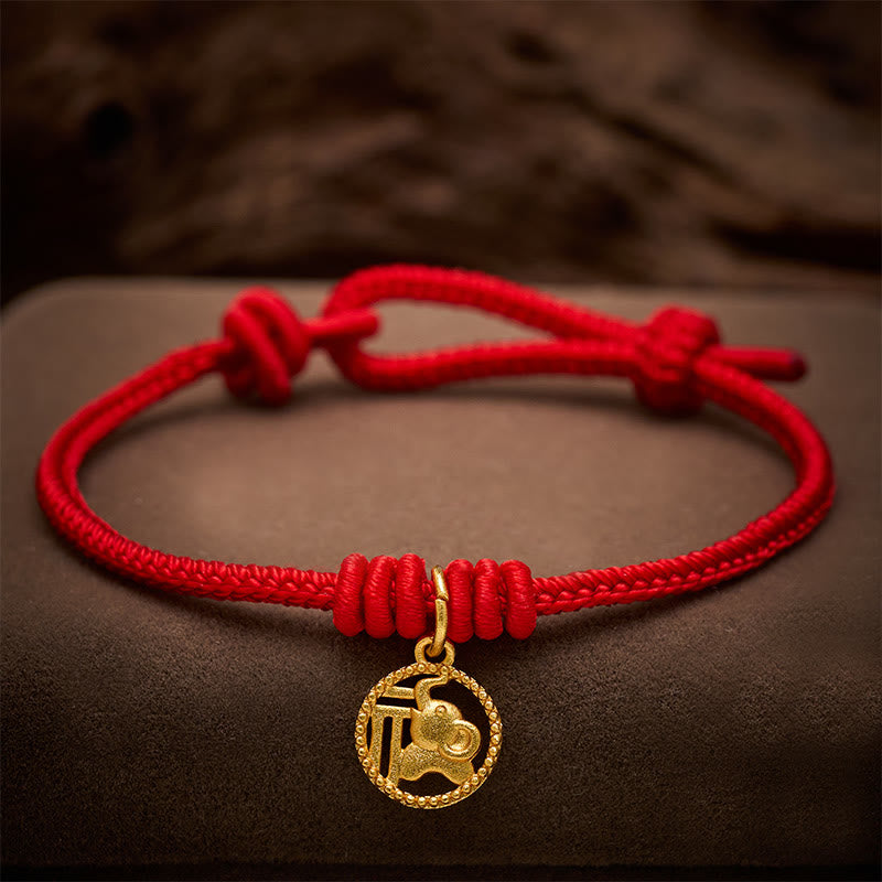 Nimara Ritual Elephant Fu Character Gold Plated Copper Red String Wealth Bracelet