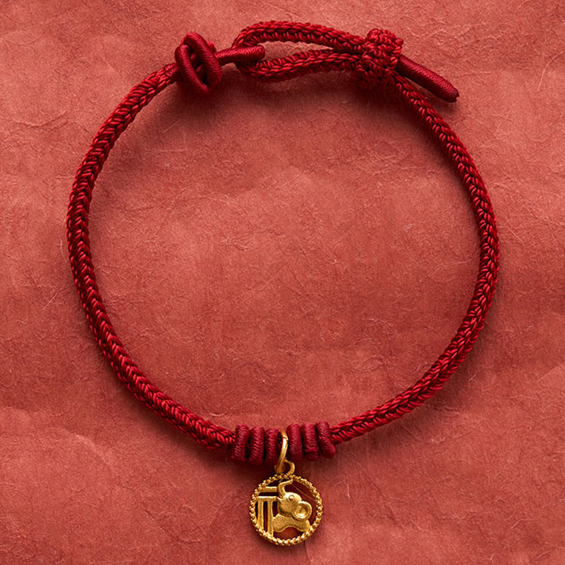 Nimara Ritual Elephant Fu Character Gold Plated Copper Red String Wealth Bracelet