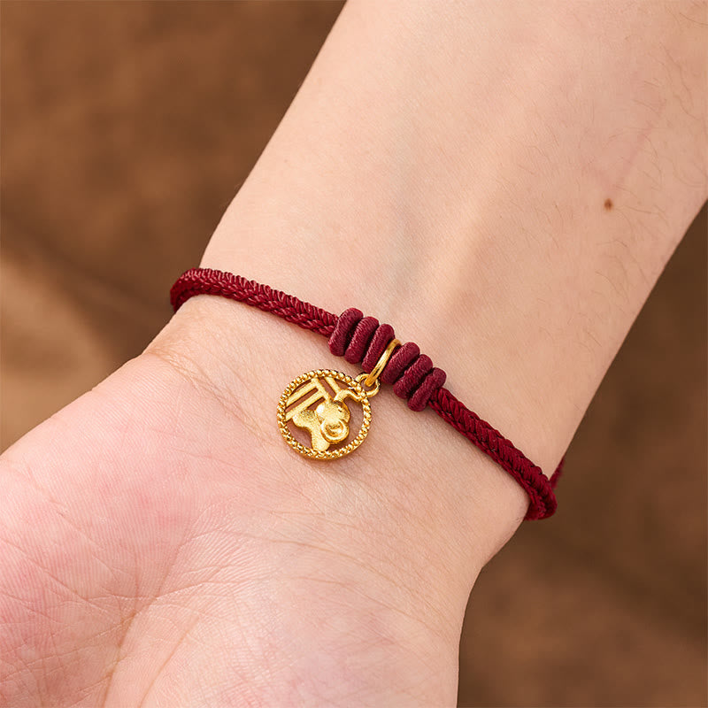 Nimara Ritual Elephant Fu Character Gold Plated Copper Red String Wealth Bracelet