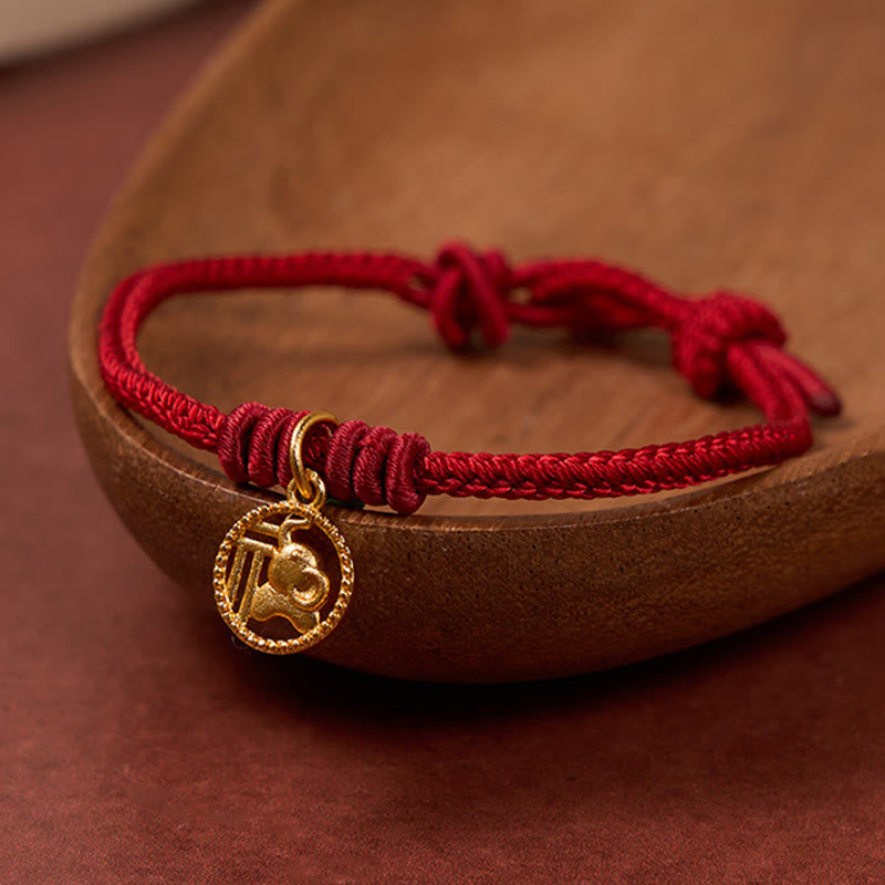 Nimara Ritual Elephant Fu Character Gold Plated Copper Red String Wealth Bracelet