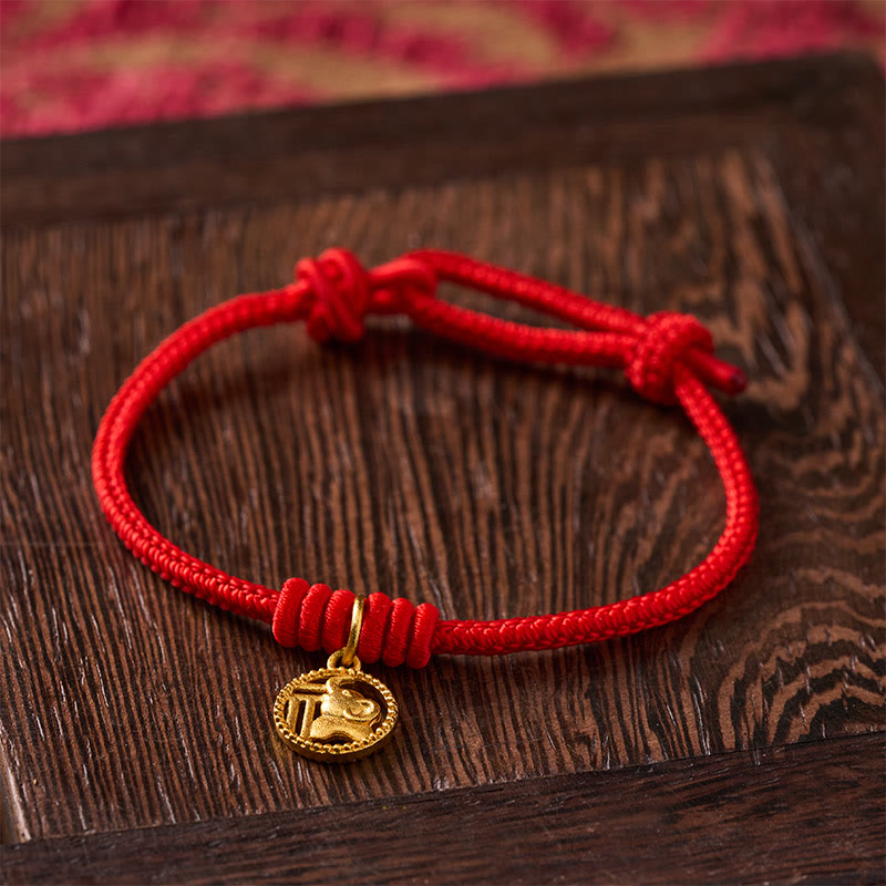 Nimara Ritual Elephant Fu Character Gold Plated Copper Red String Wealth Bracelet