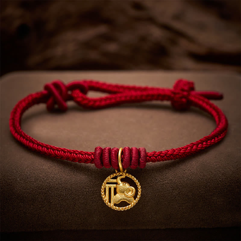 Nimara Ritual Elephant Fu Character Gold Plated Copper Red String Wealth Bracelet