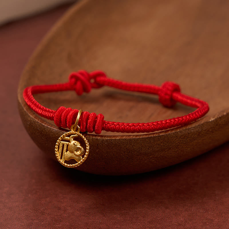 Nimara Ritual Elephant Fu Character Gold Plated Copper Red String Wealth Bracelet