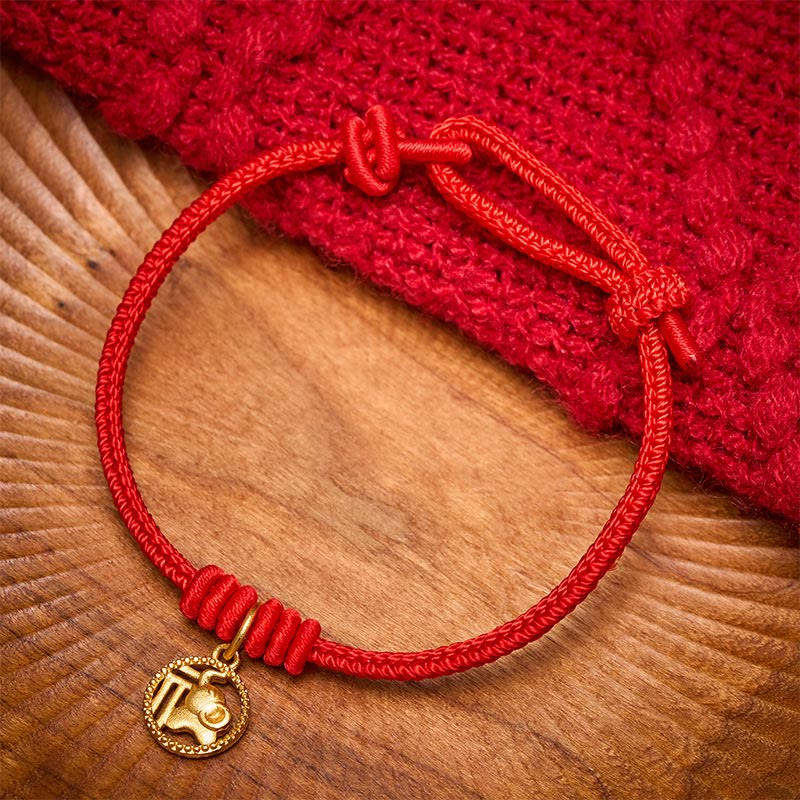 Nimara Ritual Elephant Fu Character Gold Plated Copper Red String Wealth Bracelet