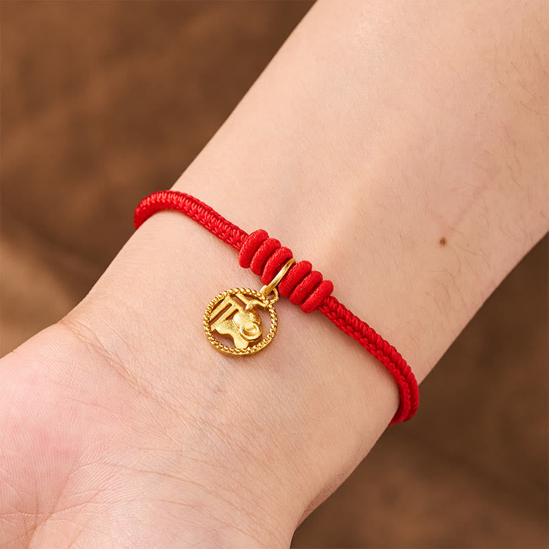 Nimara Ritual Elephant Fu Character Gold Plated Copper Red String Wealth Bracelet