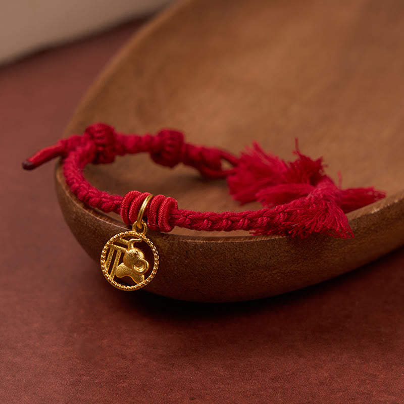 Nimara Ritual Elephant Fu Character Gold Plated Copper Red String Balance Tibet Bracelet