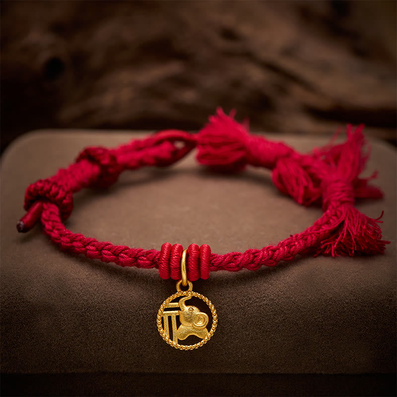Nimara Ritual Elephant Fu Character Gold Plated Copper Red String Balance Tibet Bracelet