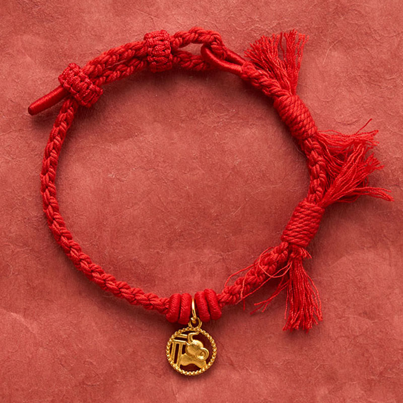 Nimara Ritual Elephant Fu Character Gold Plated Copper Red String Balance Tibet Bracelet