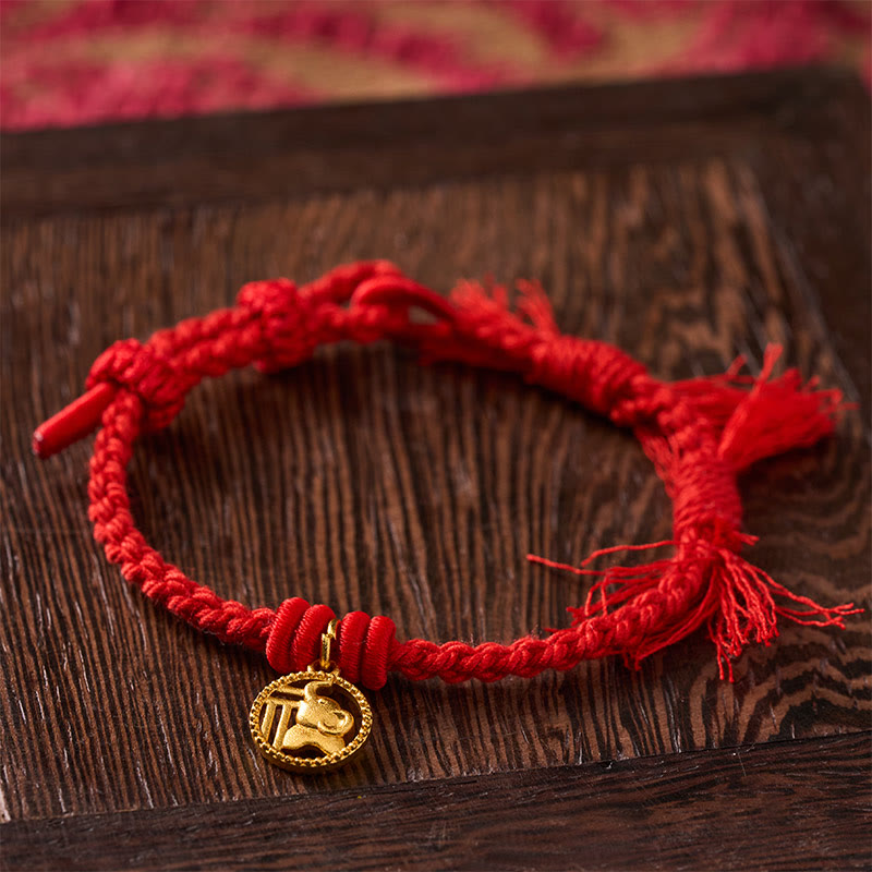 Nimara Ritual Elephant Fu Character Gold Plated Copper Red String Balance Tibet Bracelet