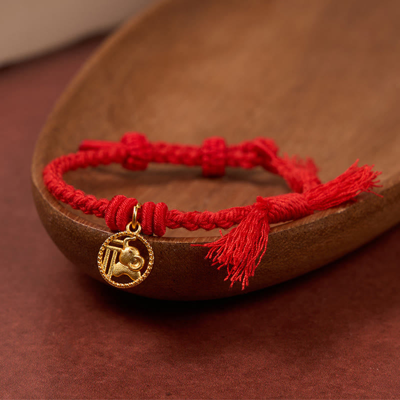 Nimara Ritual Elephant Fu Character Gold Plated Copper Red String Balance Tibet Bracelet