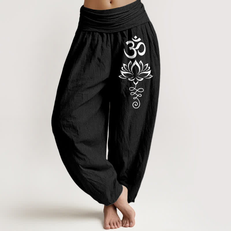 Nimara Ritual Pure Cotton Lotus Om Pattern Women's Elastic Waist Harem Pants