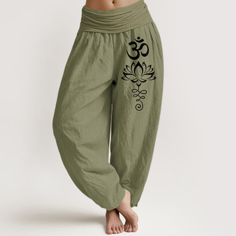 Nimara Ritual Pure Cotton Lotus Om Pattern Women's Elastic Waist Harem Pants