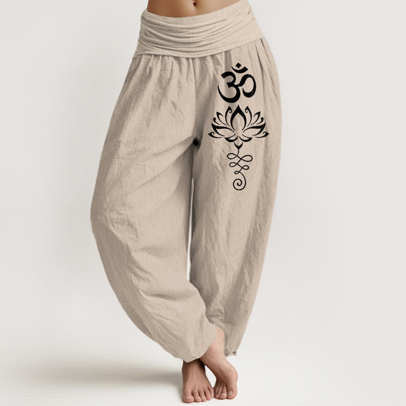 Nimara Ritual Pure Cotton Lotus Om Pattern Women's Elastic Waist Harem Pants