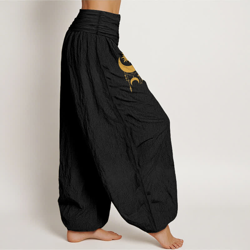 Nimara Ritual Pure Cotton Golden Crescent Moon Stars Pattern Women's Elastic Waist Harem Pants