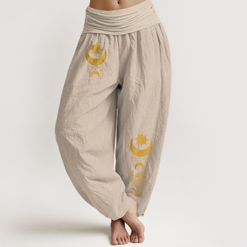 Nimara Ritual Pure Cotton Golden Crescent Moon Stars Pattern Women's Elastic Waist Harem Pants