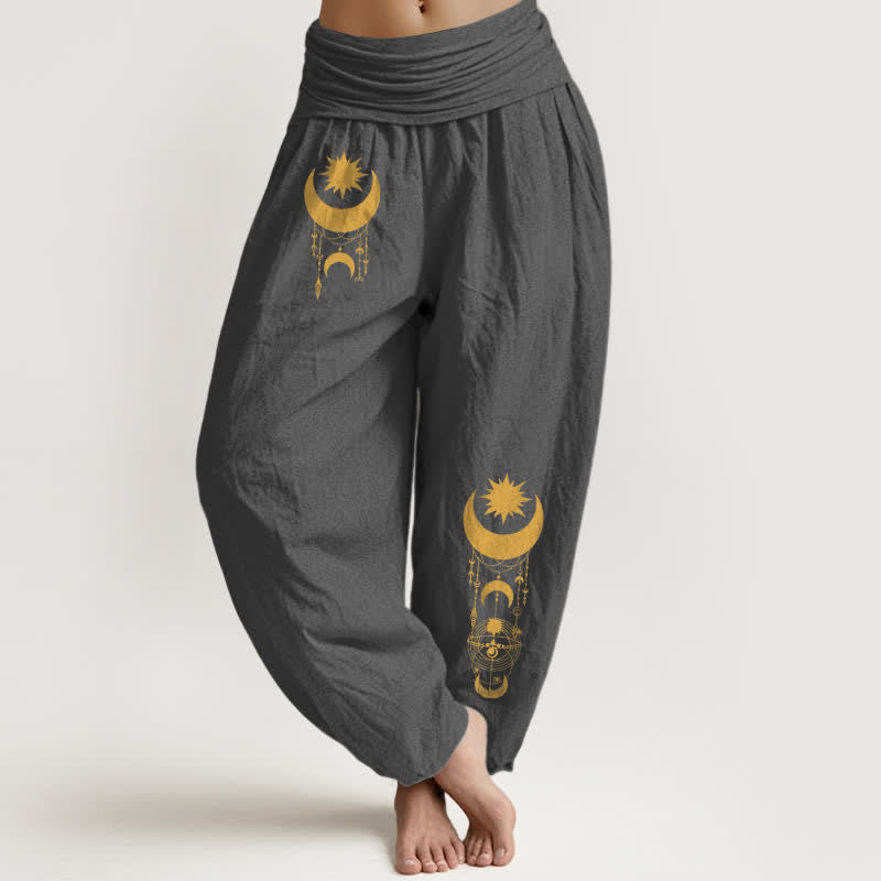 Nimara Ritual Pure Cotton Golden Crescent Moon Stars Pattern Women's Elastic Waist Harem Pants