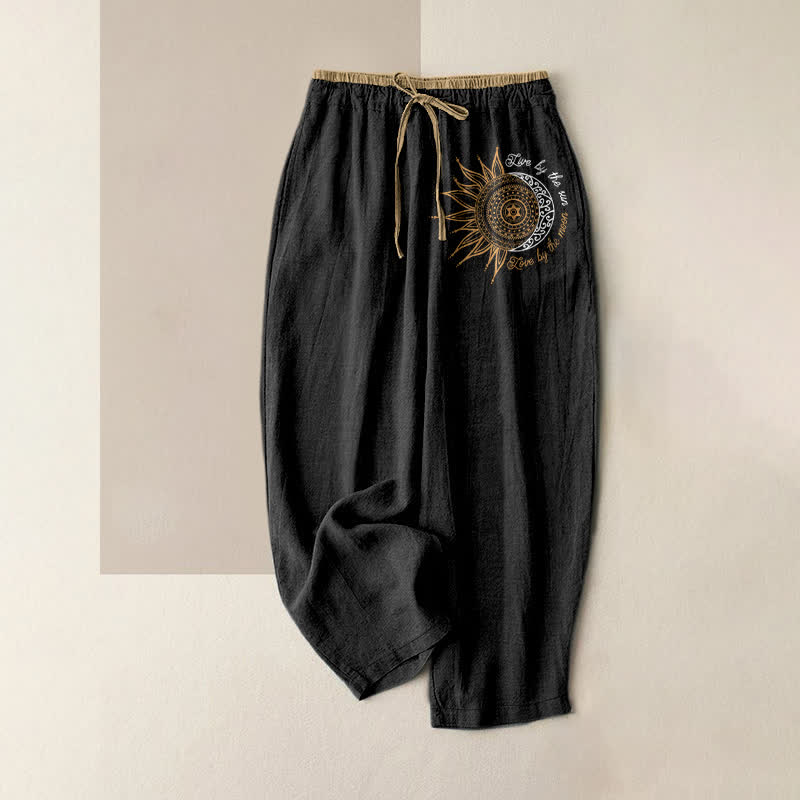 Nimara Ritual Pure Cotton Sun and Moon Mandala Pattern Women's Elastic Waist Pants With Pockets