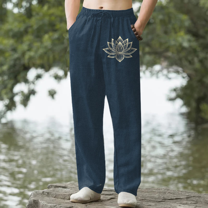 Nimara Ritual Cotton Golden Lotus Pattern Men's Tapered Pants With Pockets