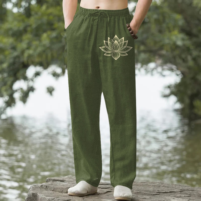 Nimara Ritual Cotton Golden Lotus Pattern Men's Tapered Pants With Pockets