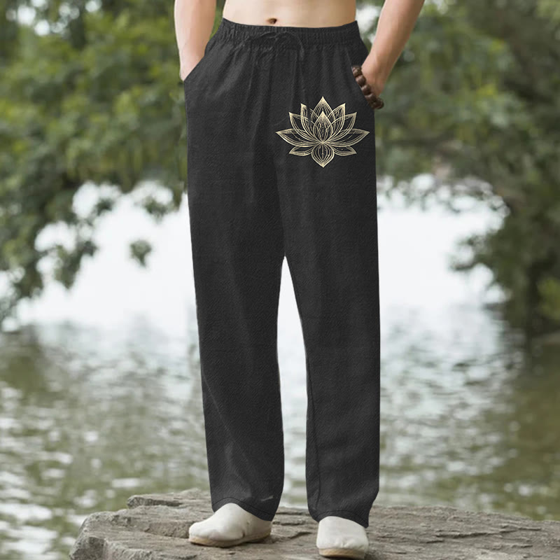 Nimara Ritual Cotton Golden Lotus Pattern Men's Tapered Pants With Pockets