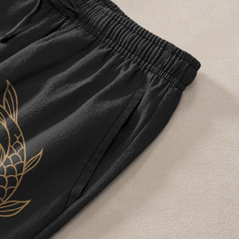 Nimara Ritual Cotton Golden Koi Pattern Men's Tapered Pants With Pockets