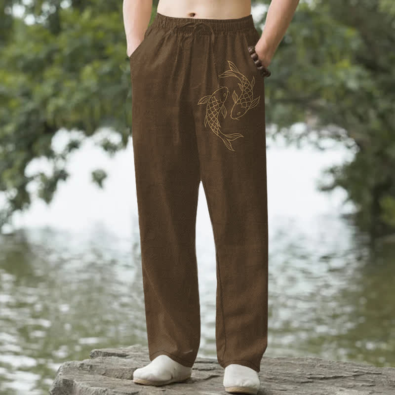 Nimara Ritual Cotton Golden Koi Pattern Men's Tapered Pants With Pockets