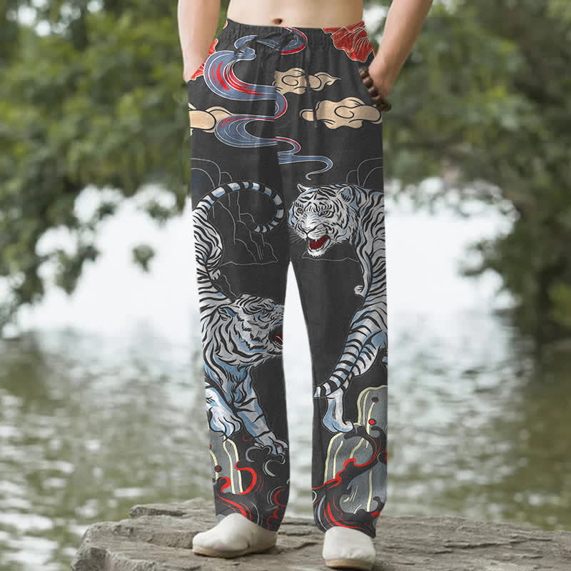Nimara Ritual Cotton White Tiger Cloud Pattern Men's Tapered Pants With Pockets