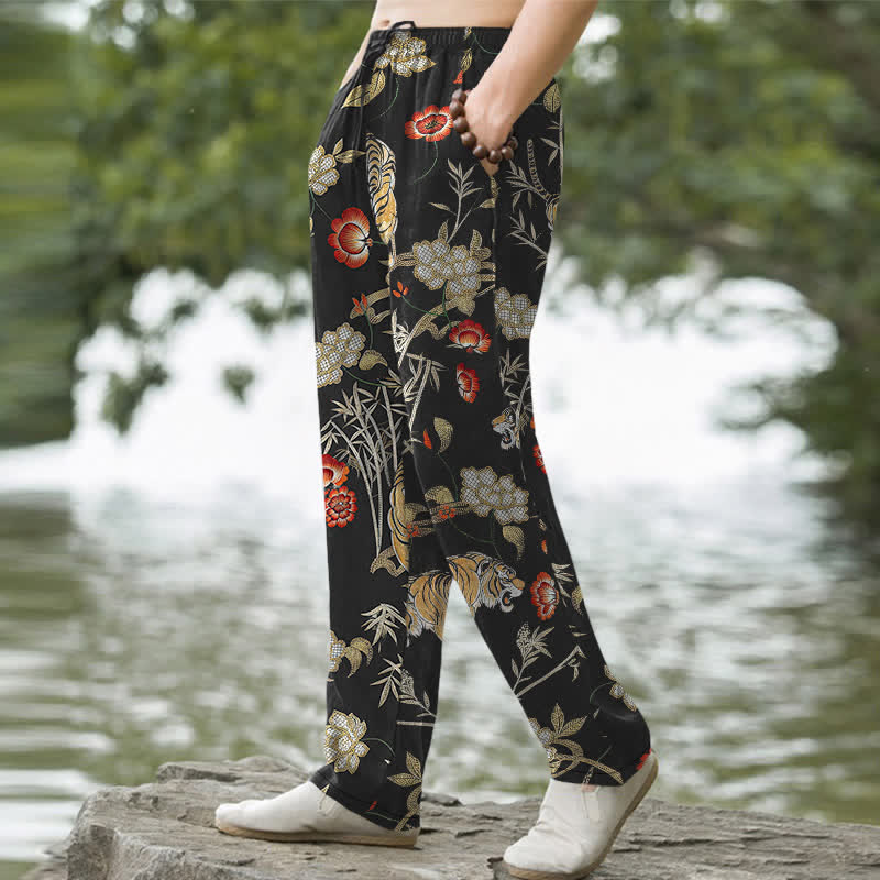 Nimara Ritual Cotton Tiger Floral Bamboo Pattern Men's Tapered Pants With Pockets