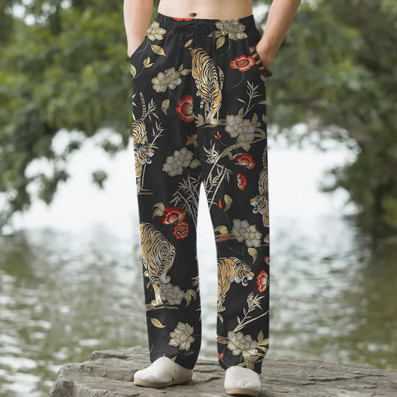 Nimara Ritual Cotton Tiger Floral Bamboo Pattern Men's Tapered Pants With Pockets